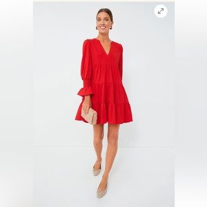 Tuckernot Pomander Place Red Crepe Kenzo Ruffle via-neck long sleeve Dress Sz L